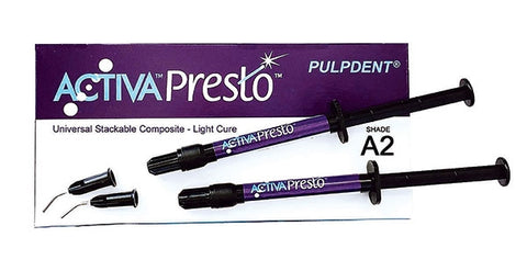 Activa  Presto  Universal Stackable Composite, Light Cure Kit: Bleach White Shade 2 x 1.2mL/2 gm syringes + 20 tips  PULPDENT  PU-VPF1BW